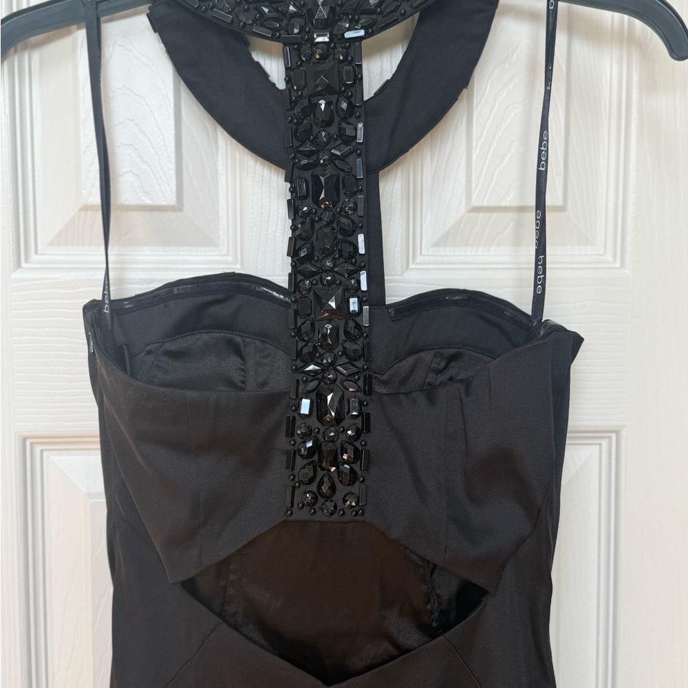 bebe Black Backless Dress with Embellished Neckline